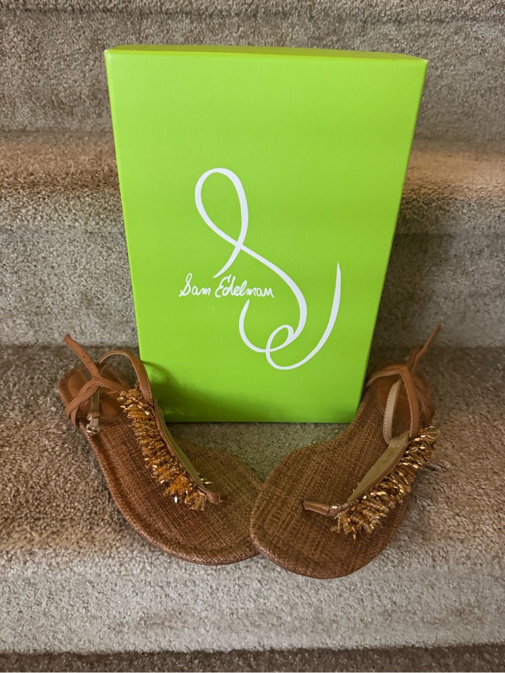 Sam Edelman Tan Brown Beaded T-Strap Sandals